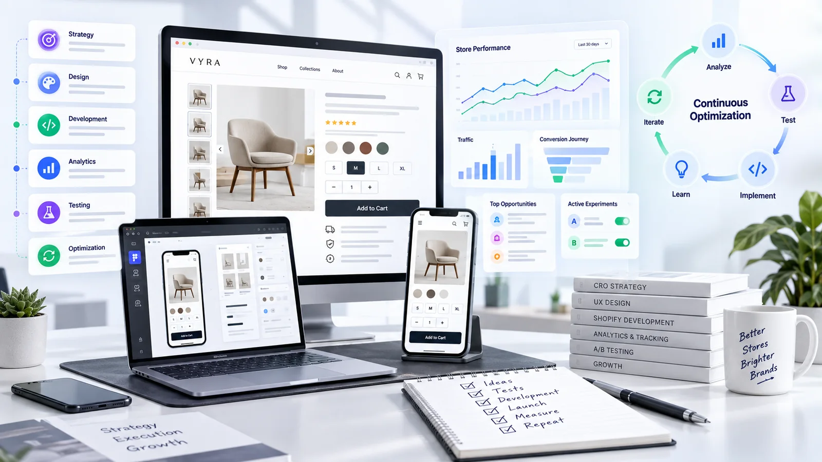 Ongoing Shopify CRO optimization combining analytics UX design development testing and measurement