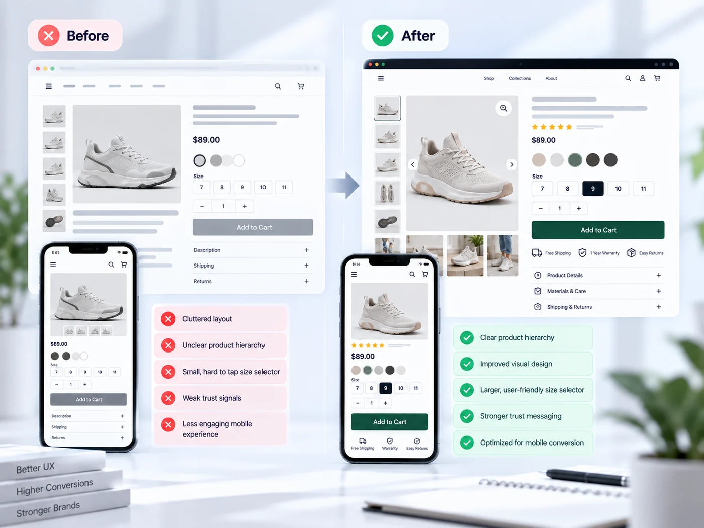 Shopify product page redesign showing improved hierarchy size selection trust messaging and mobile UX