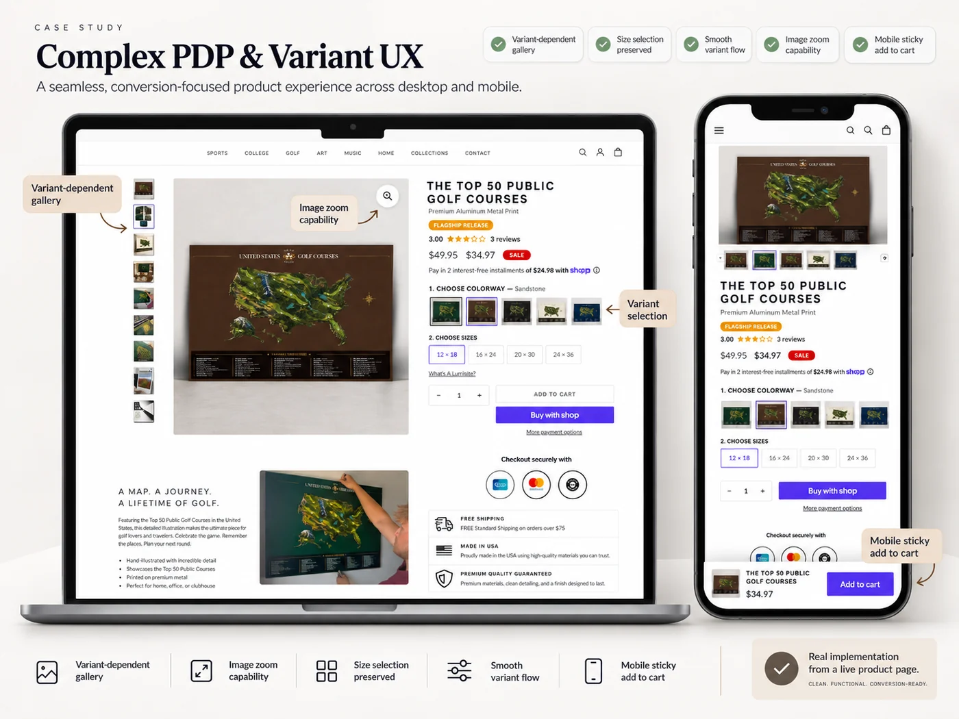 Shopify product page showing variant dependent galleries size persistence image zoom and mobile sticky add to cart
