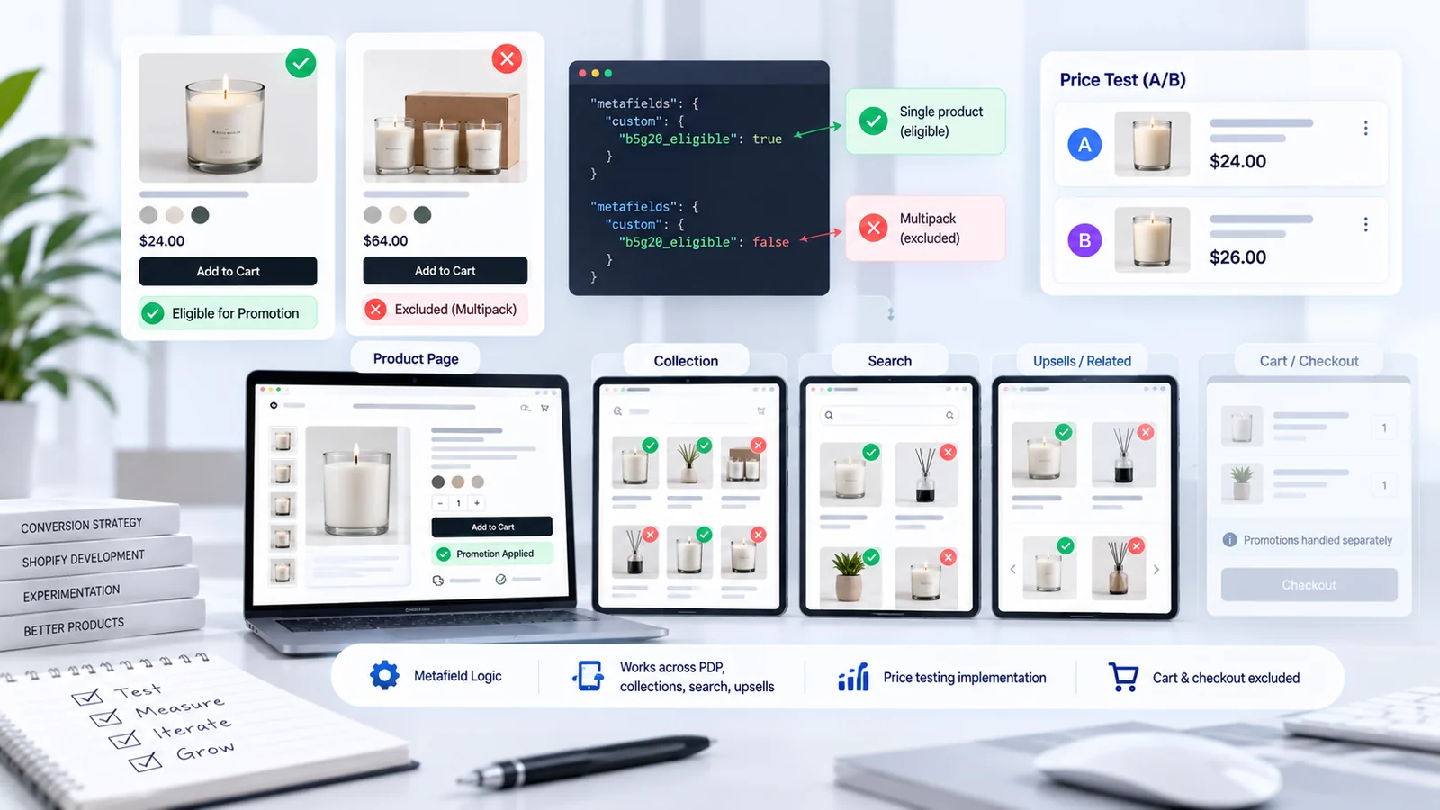 Shopify promotion logic and price testing implementation across product collection search and upsell surfaces